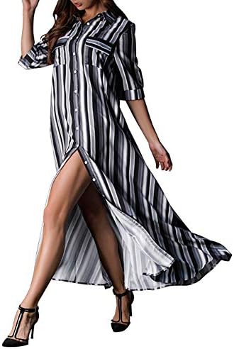 myodress Women's Boho Half Sleeve Rainbow Striped Front Pocket Button Down Single Breasted Long Maxi Dress