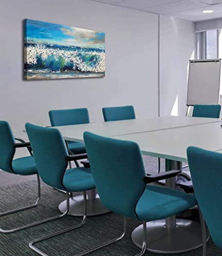 Canvas Wall Art Blue Abstract Seascape Painting Large Size Ocean Waves Single Picture Print, Blue Sky And White Clouds Modern Scenery Sailing Boat In The Ocean Art Frame Living Room Bedroom Home