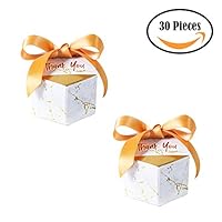 EleCharm 30 Pack Marble"Thank You" Party Favor Box with Ribbon Hexagonal Candy Gift Bags for Wedding,Baby Shower,Bridal Showers,Graduations,Parties Celebrations (GoldSilver+Gold Ribbon)