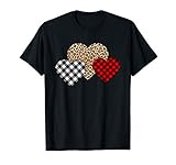 Valentine Three Hearts Leopard Buffalo Plaid Valentine's day T-Shirt