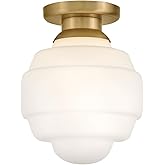 Lark Penny Small Flush Mount Ceiling Light, Etched Opal Glass Shade, Retro Schoolhouse Design, Lacquered Brass Finish