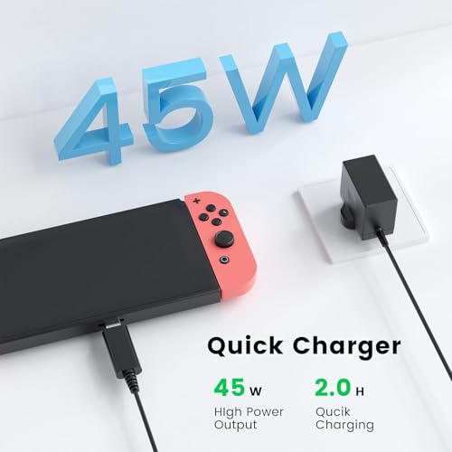 45W Charger for Switch 1/2/Switch OLED/Switch Lite, 2Hours 15V/3A Fast Charging AC Adapter 5FT Type-C Cable Power Supply for Switch 1/2/Lite/Dock and Pro Controller - Support TV Mode