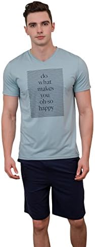 Qian Xiu pajamas modal trousers short-sleeved home service two-piece round neck short for men Ocean Blue-1 Medium