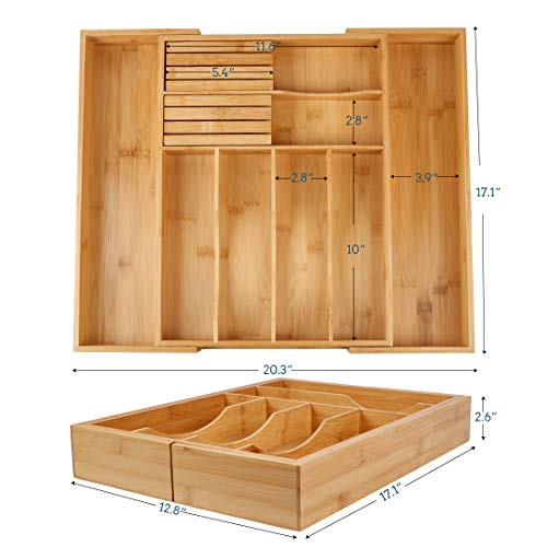 Utensil Drawer Organizer Bamboo Flatware Organizer Expandable Kitchen Silverware Organizer Cutlery Tray with 2 Removable Knife Blocks 8 Compartments Kitchen Tray for Utensil, Cutlery, Flatware, Silver