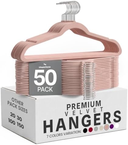 Cabides de veludo antiderrapantes premium, cabides pretos duráveis com gancho giratório de 360 graus Gancho de Serviço Pesado (Rosa, Pack de 50)