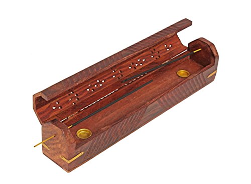 Wooden Coffin Incense Stick Cone Burner Holder with Storage Compartment