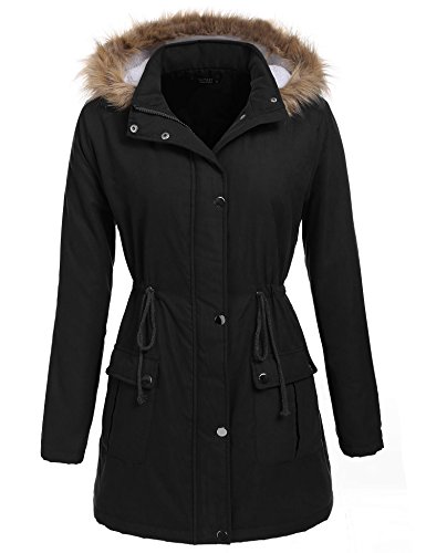 Soteer Womens Winter Parka Hooded Coat Fleece Lined Parkas With Two Pockets (Black, XXL)