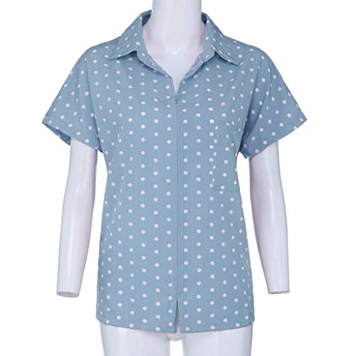 YKARITIANNA Women Turn-Down Collar Short Sleeve Pocket White Polka Dot Print Top T-Shirt - Thumbnail 4
