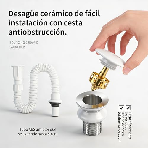 Lavabo Ovalado de Cerámica para Baño, 50 x 32 cm, Blanco, con Desagüe | Cerámica Blanca, Montaje Sobre Encimera, Desagüe Automático, Manguera de Desagüe Incluida para Baño para Baños Hoteles