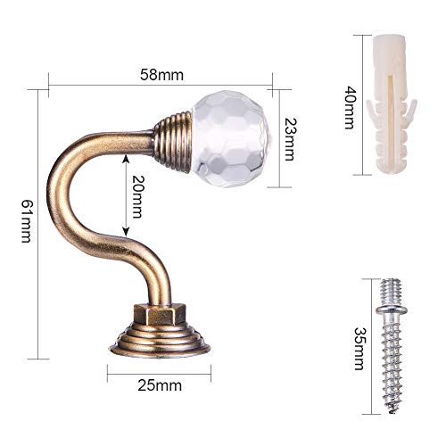 INCREWAY 1 Pair Clear Crystal Curtain Holdbacks with Screws, Wall Mounted Tassel Curtain Tieback Hook Multi Use Wall Hook Coat Hanger (Antique Brass) - Thumbnail 2