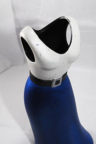 Elegant dress vase hand painted in blue and white with a black accent belt and a black glazed interior
