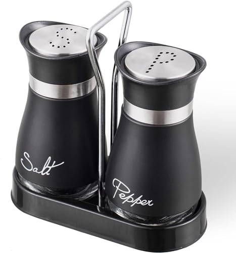 Salt and Pepper Shakers Set,4 oz Glass Bottom Salt Pepper Shaker with Stainless Steel Lid for Kitchen Gadgets Cooking Table, RV, Camp,BBQ Refillable Design (Black)