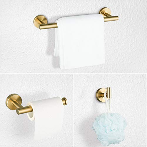 GAPPO 3-Pieces Bathroom Hardware Accessories Sets Brushed Gold SUS304 Stainless Steel Wall Mounted Towel Bar Robe Holder Hook Toilet Paper Holder