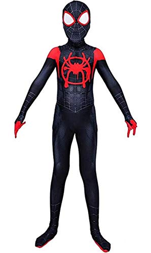 Wandado Lycra Spandex Halloween New into The Spider Verse Miles Morales Cosplay Costumes Adult/Kids (Kids-M(Height 120-130cm), Black)