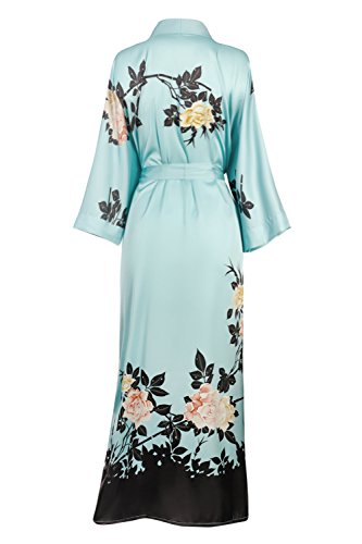 Old Shanghai Women's Kimono Robe Long - Watercolor Floral, Blush Rose- Mineral Blue - Thumbnail 2