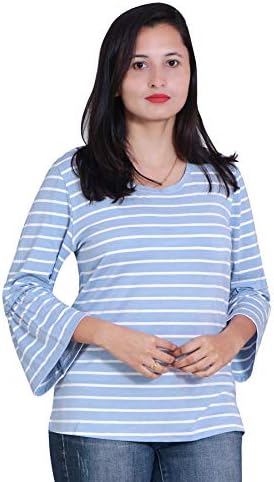 CARBON BASICS Viscose Lycra Striped Top with 3/4 Bell Sleeves Tshirt for Women's & Girls