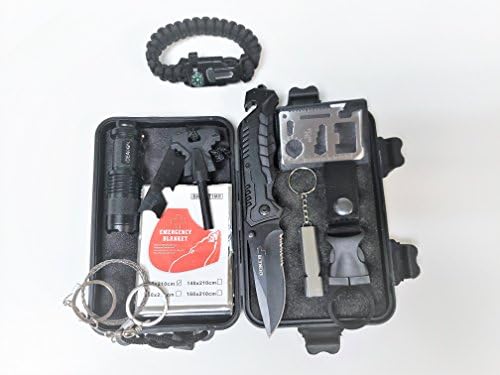 Compact 10-in-1 Premium Emergency Survival and Tactical Kit, Outdoor SOS gear with foldable knife, fire starter, emergency blanket, LED Flashlight ect. Tools ideal for Camping/Hiking/Traveling
