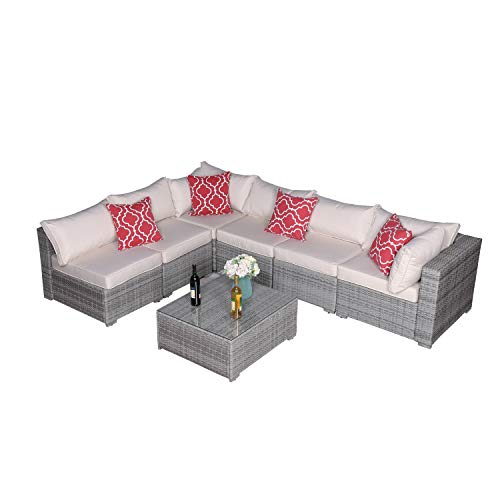 Do4U Patio Sofa 7-Piece Set Outdoor Furniture Sectional All-Weather Wicker Rattan Sofa Beige Seat & Back Cushions, Garden Lawn Pool Backyard Outdoor Sofa Wicker Conversation Set (3015-GRY-BEG) - Thumbnail 3