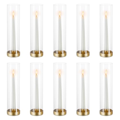 NUPTIO Hurricane Glass Candlestick Holders 10 Set Bulk Gold Taper