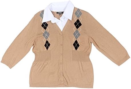 Elementz Petite Womens Knit Collared Sweater Sz Tan White Argyle (PL, Beige)