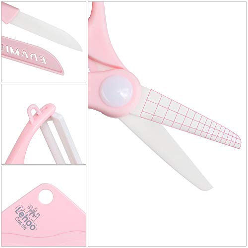 Lehoo Castle Ceramic Knife, Ceramic Scissors Baby Food, Fruit Peeler and Cutting Board 4 pcs Kitchen Set, Stainless Baby Scissors with Cover, Portable Safety Food Cutter (Pink)