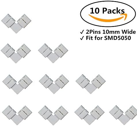 LedPartner LED Strip Connector 10pcs/Pack L Shape Solderless Snap Down 2 Conductor for Right Angle Corner or 90 Degree Connection of 10mm Wide SMD5050 Single Color LED Flexible Strip Lights