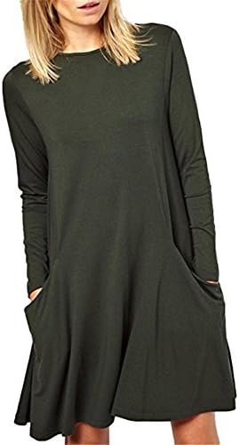 Queenlife Women's Basic Long Sleeve Pockets Casual Swing Plain Tshirt Dress (XXL, Green)