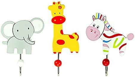Mousehouse Gifts Set of Three Safari Animal Themed Single Wooden Coat Hooks Wall Hooks Elephant Giraffe & Zebra ideal for Boys or Girls Nursery or Bedroom