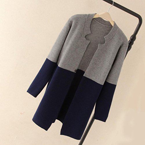 PHOTNO Warm Jackets Women Long Cardigans Color Block Open Front Long Sleeve Knit Cardigan Sweater Tunic Shirts (Navy) - Thumbnail 2