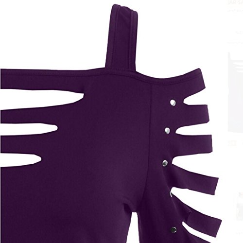 iYBUIA Womens Fashion Shoulder Cut Rivet Lacerated Sleeve T-shirt Hollow Out Casual Tops(Purple,S)