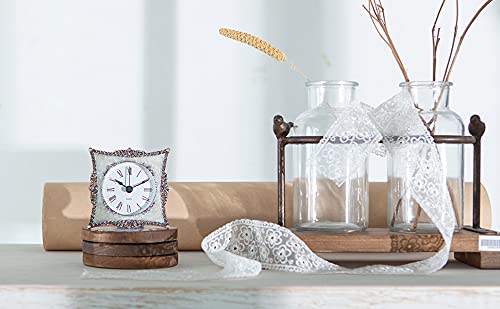 NIKKY HOME Crystal Elegant Small Quartz Analog Table Clock with Rosy Rhinestone Non-Alarm Desk Clock 3.5 by 1.5 by 3.5 Inches, White and Pink