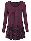 Laksmi Long Sleeve Tunic Women Plus Size, Round Neck Pleated Front Casual Shirts Vintage Floral Swing Office Wear Tunic Tops,Wine XX-Large