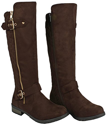 Forever Mango-21 Women's Winkle Back Shaft Side Zip Knee High Flat Riding Boots Brown Nubuck 5.5