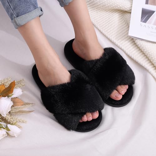 Evshine Women s Fuzzy Slippers Cross Band Memory