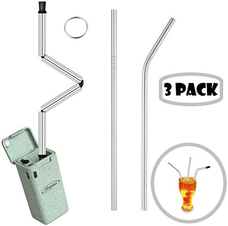 Portable & Reusable Collapsible Drinking Straw Set eco Friendly BPA Free Food Grade Materials with a Set of 2 Stainless Steel Straws and a Cleaning Brush Foldable by Amplus Trading.