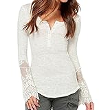 SODIAL(R)Women Fashion Lace Long Sleeve O-neck Gauze Shirts Ladies Graceful Blouse White M