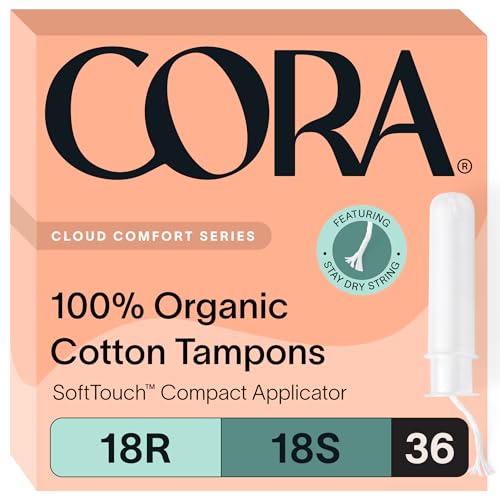 Cora Organic Applicator Tampon Multipack | 18 Regular & 18 Super Absorbency | 100% Organic Cotton, Unscented, BPA-Free Compact Applicator | Leak Protection | Packaging May Vary | 36 Total