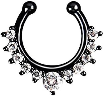 1Pc CZ Zircon Fake Septum Clicker Nose Hanger Ring Non Piercing Clip On Jewelry (Black)