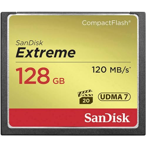 SanDisk Extreme CompactFlash Speicherkarte 128 GB (Für DSLR-Kameras, UDMA7, Schreiben mit 85 MB/s, Übertragen mit 120 MB/s, VPG-20 für Full-HD-Video)
