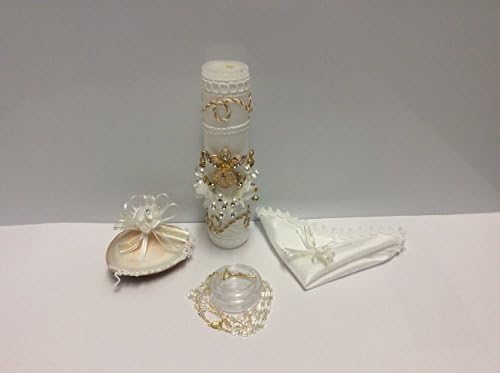 Baptism candle set with a metal angel figurine