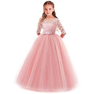 WOCINL Bloemenmeisjesjurk, kant/tule, 3/4 mouw, vloerlengte, voor prinsesverkiezing, verjaardagsfeest, communie…