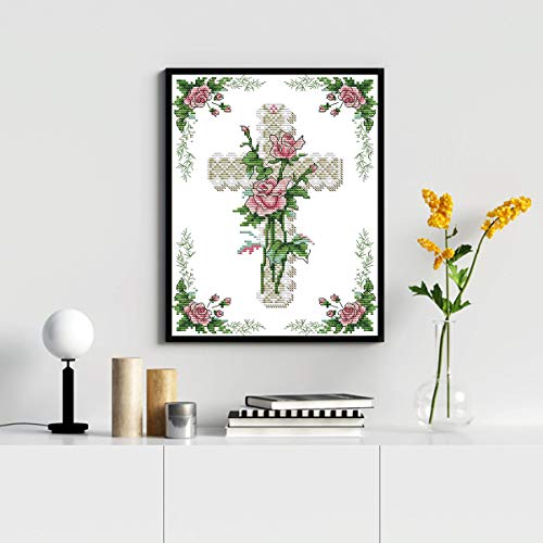 Cross Stitch Stamped Kits Pre-Printed Cross-Stitching Starter Patterns for Beginner Kids or Adults, Embroidery Needlepoint Kits The Heart of a Rose for Bedroom, Living Room Wall Decorations