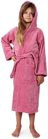 Indulge Linen Kids Terry Velour Bathrobe, Hooded, 100% Cotton, Made In Turkey (Rose, SM)