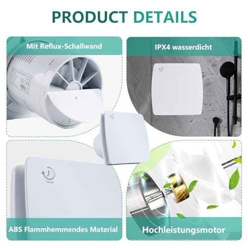 Bathroom Extractor Fan, 4"/100mm High Airflow Silent Bathroom Fan with Timer Overrun Delay Function for Bathroom Toilet Shower Wall Mount (White)