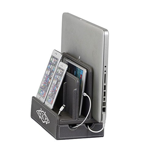 G.U.S. Personalized Monogrammed Multi-Device Charging Station Dock & Organizer - Multiple Finishes Available. For Laptops, Tablets, and Phones - Strong Build, Gray Leatherette (Textured)