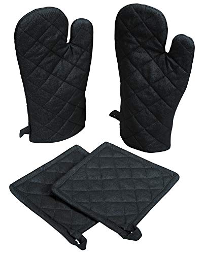 Native Fab Farmhouse Oven Mitts and Pot Holders Set of 4, Heat Resistant Non-Slip Machine Washable, 100% Cotton Kitchen Pot Holders Oven Mitts Sets Black