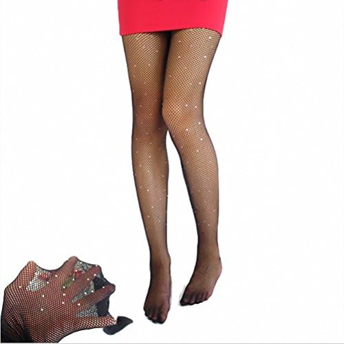 POLY BEAUTY Women Sexy High Waist Tight Sparkle Rhinestone Fishnet Stockings Pantyhose (black)