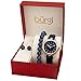Burgi BUR241 Ladies Gift Set with a Stylish Case Watch with Leather Strap, and Glitter Markers, Crystal Beaded Bracelet and Crystal Earrings (Blue)