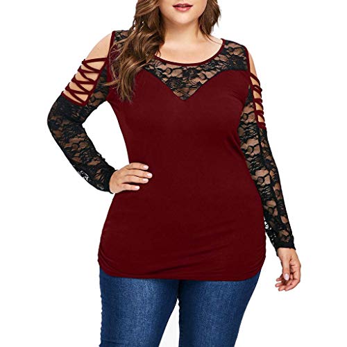 Blouse for Women Plus Size Elegant,SMALLE◕‿◕ Womens Fashion Criss Cross Cold Shoulder Splice Transparent Lace Blouse Wine