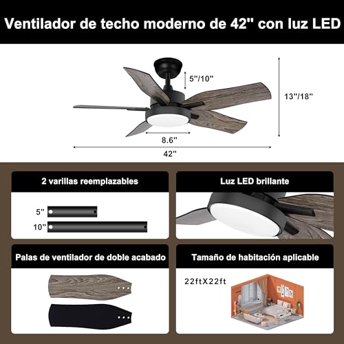 Ohniyou Ventilador de techo de 42 pulgadas con luz y mando a distancia, 6 velocidades, luz LED regulable, motor DC silencioso, ventilador de techo de gran caudal de aire para patio dormitorio cocina